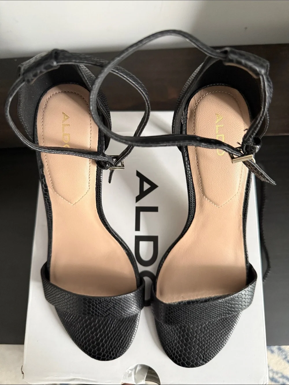 Aldo Black Textured Ankle-Strap Heels